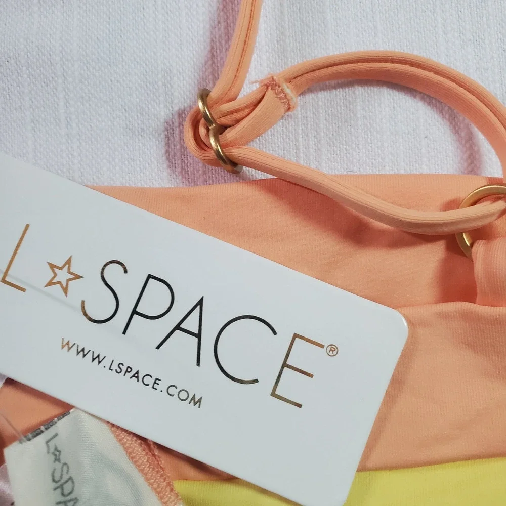 L*Space Rebel Stripe Bikini Top Peach Orange Yellow Swimsuit Medium M NWT Retail